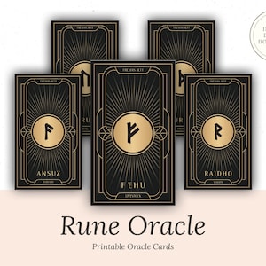 Rune-orakelkaarten - Elder Futhark-runen, runenwaarzeggerij, Noorse Vikingrunen, zwarte en gouden kaarten, digitale download, afdrukbaar, waarzeggerij