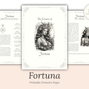 Puede incluir: Páginas imprimibles de grimorio con Fortuna, la diosa romana de la suerte y la fortuna. Las páginas incluyen una ilustración en blanco y negro de Fortuna, un símbolo de una rueda, y texto sobre sus atributos y mitología.
