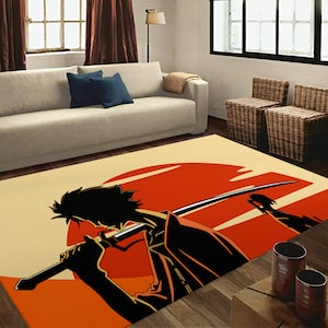 Samurai-Teppich, Anime-Teppich, Anime-Teppich, Anime-Dekor, Manga-Teppich, japanischer Teppich, Japan-Kunstteppich, Manga-Kunstteppich, Cartoon-Teppich, oranger Teppich