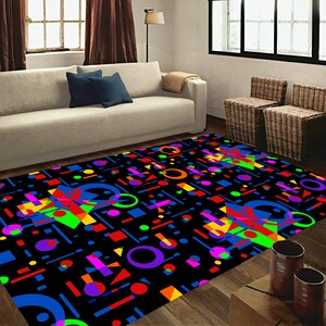 Geometric shaped theme rug, colorful rug, arcade rug, arcade bar rug, home arcade decor, arcade bar decor, game rug, game room rug