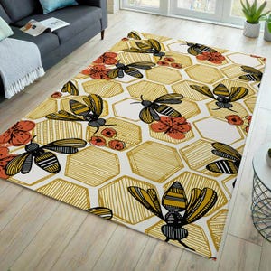 Bee rug, honey rug, floral rug, bee pattern rug, honey themed rug, honey pattern rug, kitchen rug, decorative rug