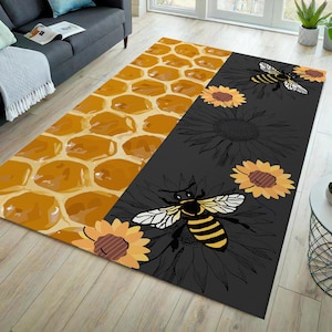 Bee rug, sunflower rug, floral rug, bee pattern rug, honeycomb themed rug, honey pattern rug, kitchen rug, decorative rug
