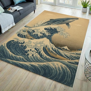 Japanese great wave whale rug, japan wave rug, japanese rug, ocean themed rug, sakura rug, japan rug, wave rug, whale rug, japanese art rug