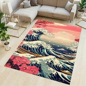 Japan wave rug, japanese rug, floral rug, sakura rug, japan rug, wave rug, decorative rug, modern rug, area rug, mothers day gift