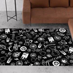 Kitchen rug, black rug, coffee rug, coffee pattern rug, kitchen decor, latte decor, home decor, coffee theme rug, coffee beans rug, milk rug