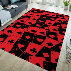 Tapete de cartas, tapete de cartas de baralho, tapete vermelho, tapete com estampa de carro, tapete com tema de cartas de baralho, tapete preto e vermelho, tapete de decoração para casa, tapete para sala de jogos, tapete para sala de jogos
