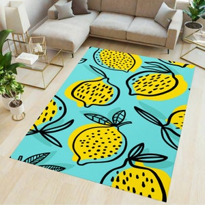 Lemon rug, fruit rug, kitchen rug, lemon pattern rug, kitchen decor, lemon decor, home decor, lemon theme rug, blue rug