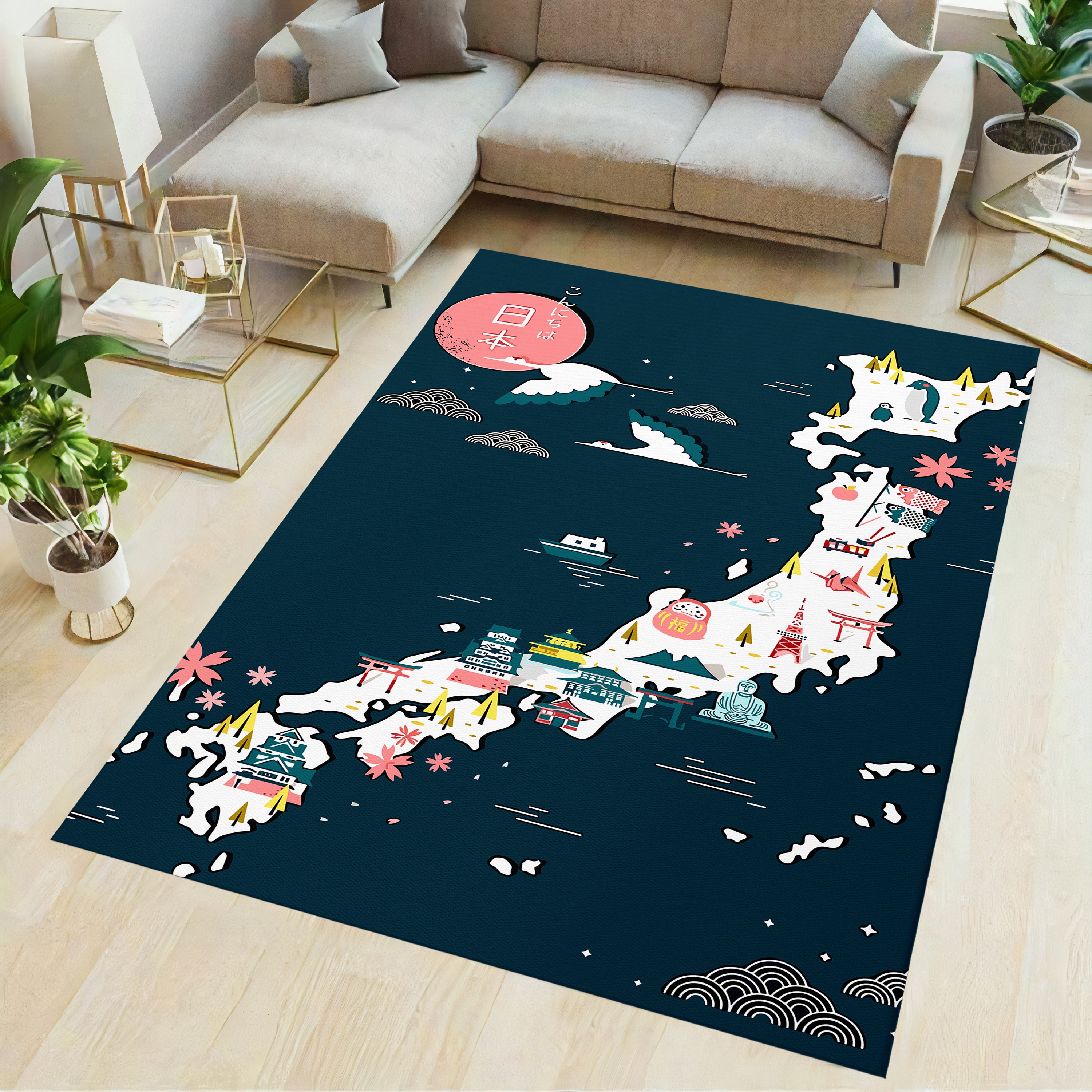 Japanese Culture Themed Rug, Japan Map Rug, Sakura Pattern Rug ...