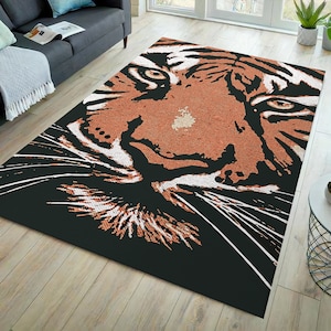 Tiger face rug, tiger rug, animal  rug, tiger skin rug, animal art rug, modern rug, tiger decor, tiger print rug