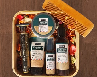 Coffret cadeau de toilettage pour homme avec barbe : boîte surprise pour la Fête des pères, huile à barbe, baume, peigne, cire, tondeuse