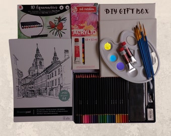 Coffret cadeau bricolage pour amateurs d'art avec toile, peintures acryliques, pinceaux, plateau à mélanger, carnet de croquis, crayons de couleur et marqueurs double pointe