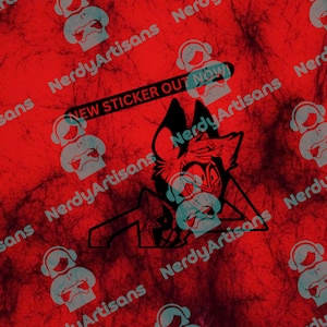 May include: Black and white illustration of a cartoon character with red eyes and horns. The character is wearing a suit and tie. The background is red with a pattern of white lines. The text "NEW STICKER OUT NOW!" is written in white on a black banner.