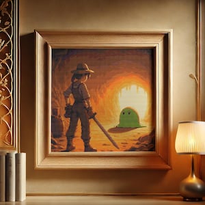 May include: A pixelated illustration of a person in a brown hat and overalls standing in a cave with a sword. A green blob-like creature is in the background.