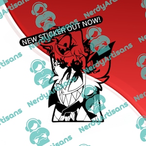 May include: Black and white illustration of a cartoon character with a red and black background. The character has a large grin and sharp teeth. The text "NEW STICKER OUT NOW!" is written in white on a black banner.