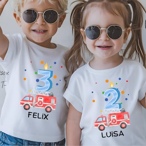 Children&#39;s birthday shirt with fire engine, T-shirt with number - personalized gift, gift idea 1 2 3 4 5 6 years, name shirt candle