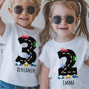 Children&#39;s birthday shirt with cars, T-shirt with number - personalized gift, gift idea 1 2 3 4 years, shirt with fire engine police