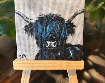 ハイランド牛、手描きのハイランド牛マグネット、黒牛の絵