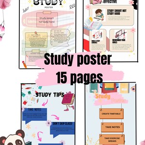 May include: A study poster with tips on how to study effectively. The poster features a cartoon book character, a panda, and a colorful design. The text on the poster includes "Study Smart Not Study Hard", "Get Rid of Distractions", "Take Exercise Breaks", "Reward Yourself", "Make a Study Schedule", "Remember Your Goals", "Study Tips", "Take Notes", "Don't Skip Class", "Create a Study Plan", "Create Timetable", "Take Notes", "Take Exercise Breaks".