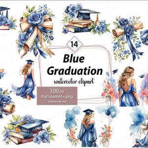Set di clipart ad acquerello per laurea, 14 PNG per laureati con sfondo trasparente, ragazze laureate, berretto, pergamene in blu, uso commerciale