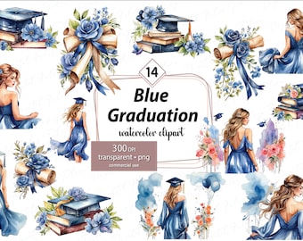 Blue Graduation Watercolor Clipart: Graduate Girls, Cap, Scrolls (PNG Digital Download)