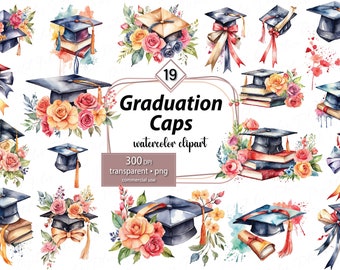 Watercolor Graduation Caps Clipart: 19 PNG Graphics (Digital Download)