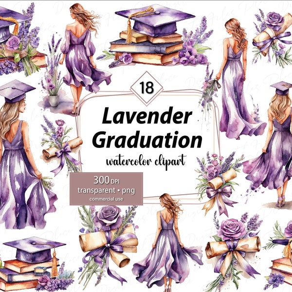 Graduation Lavender Watercolor Clipart Set, 18 Graduate PNG with transparent background, graduation girls, cap, scrolls, Commercial use