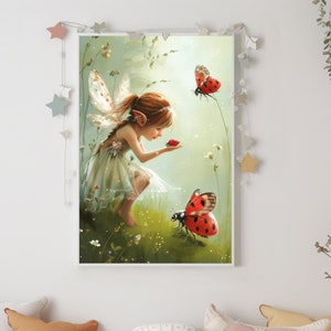 Póster infantil de hadas, póster inspirador, escarabajo, imagen colorida, juego de naturaleza, imagen de pared coloreada, imagen infantil de fantasía personalizada, impresión individual
