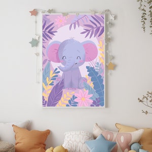 Elephant Kinderposter inspirierend Poster Pink Bunt Bild Rosa Blumen Farbig Wandbild Personalisiert Fantasie Kinderbild Individuell Druck