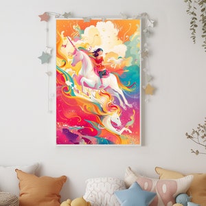 Póster infantil de unicornio, póster inspirador, nubes, imagen colorida, imagen de pared de colores del arco iris, imagen personalizada de fantasía infantil, impresión individual