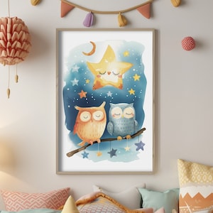 Owls Children&#39;s Poster Coloured Poster Stars Colourful Picture Bright Dream Inspirational Mural Personalised Fantasy Children&#39;s Picture Individual Print