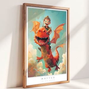 Póster infantil de dragón, póster inspirador, cuadro colorido volando, nubes, cuadro de pared de colores, cuadro infantil de fantasía personalizado, impresión individual
