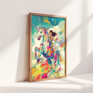 Póster infantil de unicornio, póster inspirador, nubes, imagen colorida, imagen de pared de colores del arco iris, imagen personalizada de fantasía infantil, impresión individual