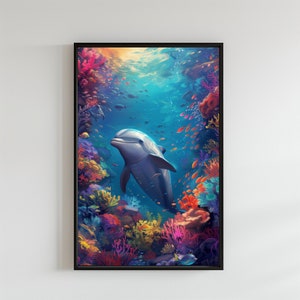 Póster infantil de delfines, póster inspirador, imagen colorida del mar, corales, imagen de pared colorida, imagen infantil de fantasía personalizada, impresión individual