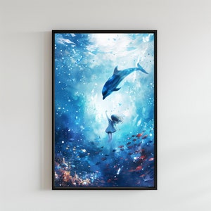 Póster infantil de delfines, póster colorido, imagen inspiradora de mar, buceo, imagen de pared en colores, imagen personalizada de fantasía para niños, impresión individual