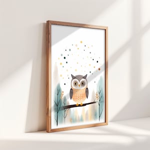 Póster infantil de búho, póster inspirador, imagen colorida del bosque, imagen de pared de colores del cielo brillante, imagen personalizada de fantasía para niños, impresión individual