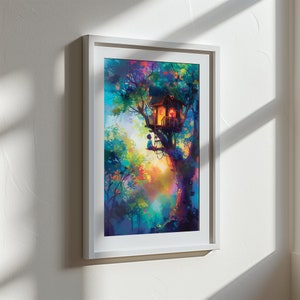Póster infantil de la casa del árbol, póster inspirador, casa del bosque, imagen colorida, imagen de pared de colores de ensueño, imagen personalizada de fantasía para niños, impresión individual
