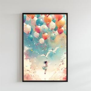 Póster infantil con globos Póster inspirador Imagen colorida de globos volando Mural colorido Imagen infantil de fantasía personalizada Impresión individual