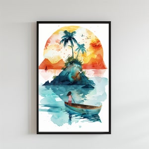 Póster infantil de barco, póster inspirador, barco, imagen colorida, isla del mar, imagen de pared personalizada, imagen infantil de fantasía, impresión individual