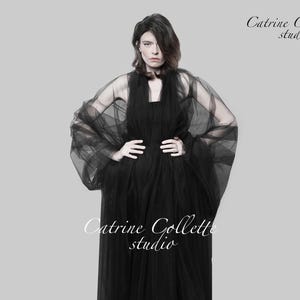 Long black tulle shawl. Gothic Black sheer shawl. Black wedding shawl wrap. Black bridal shawl stole. Tulle cover up