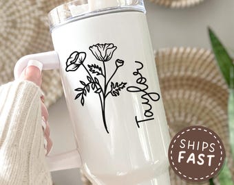 Personalized Birth Flower Tumbler, Birth Flowers 40oz 20oz Tumbler, Stainless Steel Tumbler With Straw Handle, Birthflower Gift for Mom