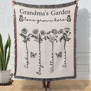 Grandma Garden Blanket Personalized Grandma Woven Blanket With Grandkids Names Gift for Grandmas Garden Blanket Mother In Law Birth Flower
