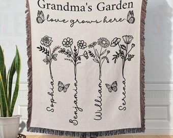 Grandma Garden Blanket Personalized Grandma Woven Blanket With Grandkids Names Gift for Grandmas Garden Blanket Mother In Law Birth Flower