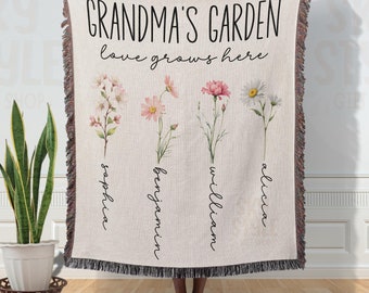 Personalized Grandma Garden Blanket Grandma Woven Blanket With Grandkids Names Gift for Grandmas Garden Blanket Mother In Law Birth Flower