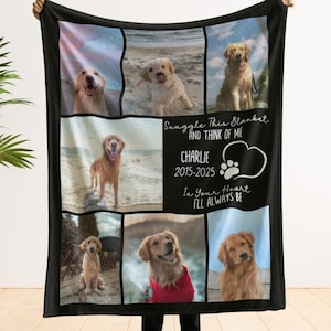 May include: A black and white memorial blanket with a collage of photos of a golden retriever dog. The blanket has the text "Snuggle This Blanket And Think Of Me Charlie 2015-2025 In Your Heart I'll Always Be".