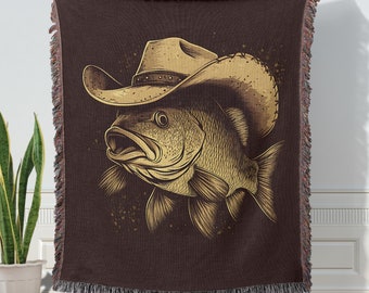 Bass Fish Woven Blanket: Vintage Style Cabin Decor, Fishing Lover Gift