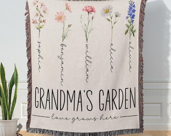 Custom Grandma Garden Blanket Personalized Grandma Woven Blanket Grandkids Names Gift for Grandmas Garden Blanket Mother In Law Birth Flower