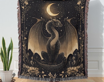 Dragon Woven Blanket, Fantasy Dragon Lover Gift, Celestial Dragon Kids Room Decor, Cottagecore Woven Throw, Medieval Dragon Woven Blanket