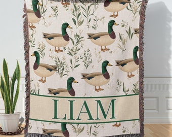 Personalized Mallard Duck Baby Blanket Gift, Hunting Nursery Decor Custom Name Woven Blanket Personalized Mallard Duck Nursery Crib Blanket