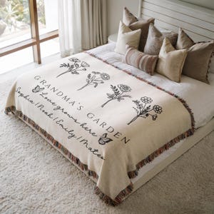 Personalized Grandma&#39;s Garden Blanket, Nana Floral Blanket, Birth Flower Gift From Grandkids, Custom Grandkids Name Throw Woven Floral