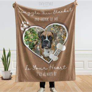 May include: A brown blanket with a heart-shaped photo of a Boxer dog. The blanket has the text "Snuggle This Blanket And Think Of Me" and "In Your Heart I'll Always Be". A white bone graphic has the name "Diesel".